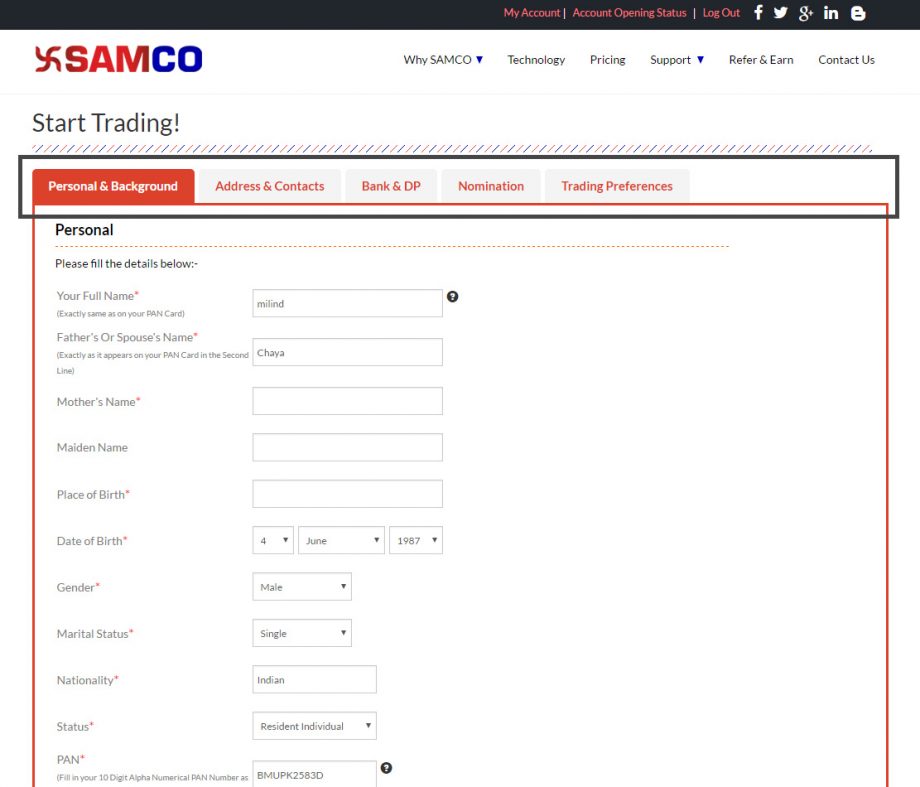 SAMCO Securities Trading Account Opening Form Discount Brokers In