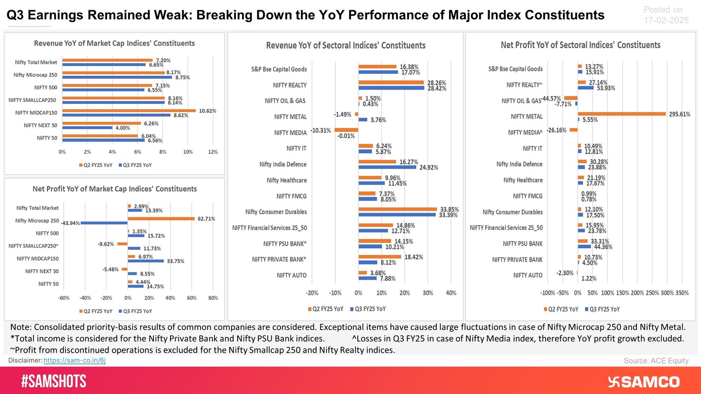 Earnings growth summarization of major indices for Q3 FY25 on a YoY basis.