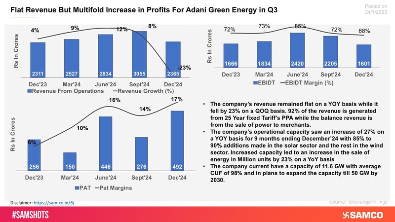 The chart evaluates the performance of Adani Green Energy for Q3FY25 on various financial parameters