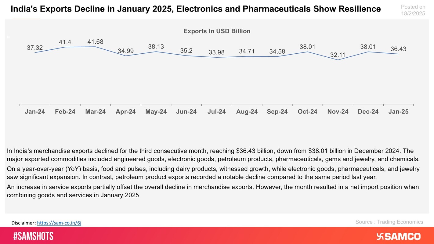 The chart evaluated the reason behind the lag in merchandise exports for India in January 2025.