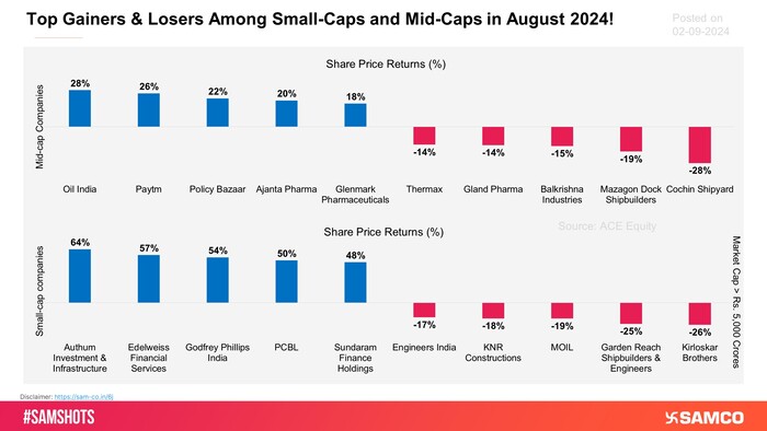 The chart showcases the best and worst-performing mid-cap and small-cap companies in August 2024.